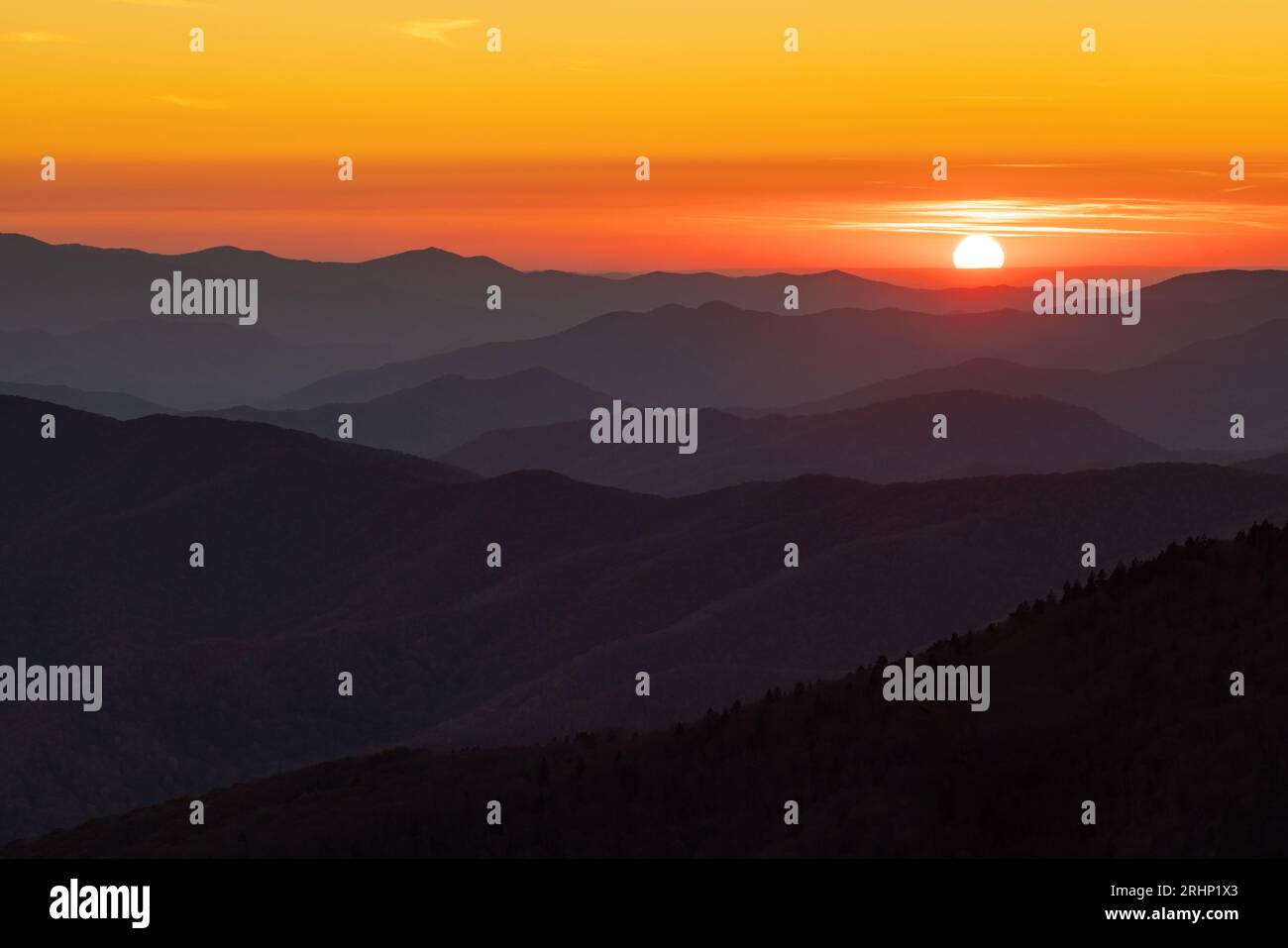 The sun sets over the Appalachian mountains in Great Smoky Mountains National Park. Stock Photo