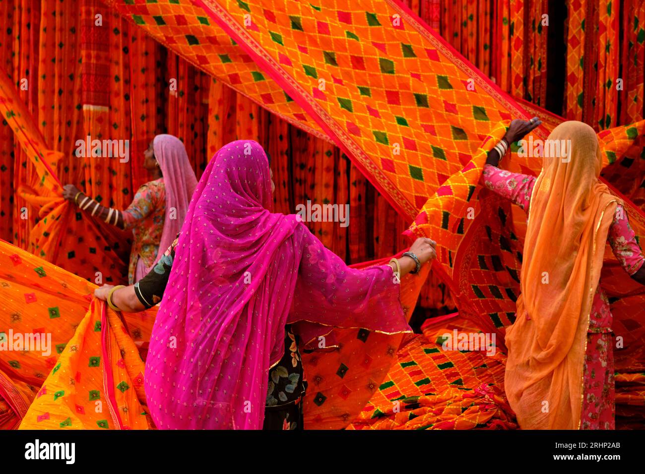 India, Rajasthan, Sari Factory, Textile are dried in the open air. Collecting of dry textile are folded by women Stock Photo