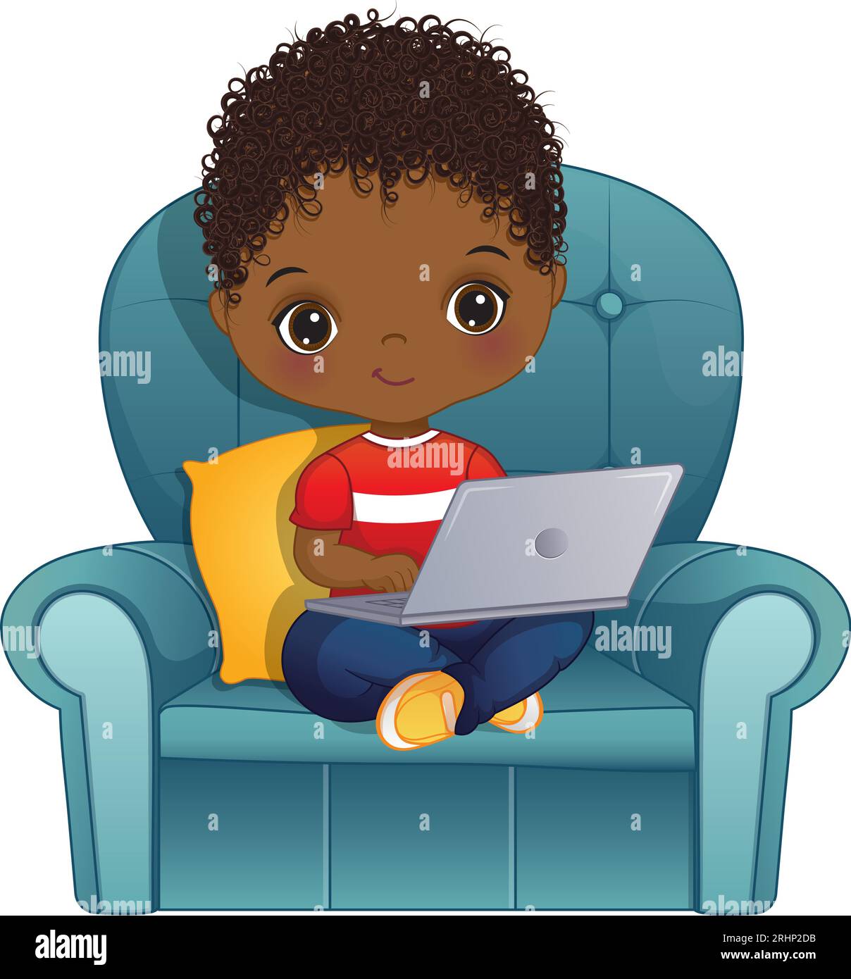 Vector Little African American Boy with Laptop Stock Vector