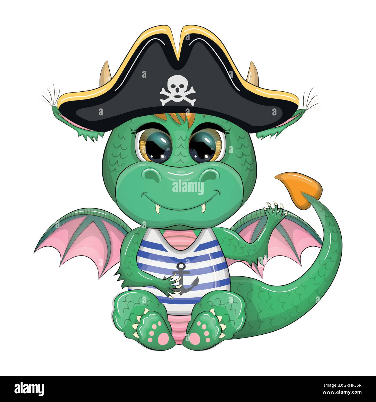 Cute cartoon green dragon pirate in a cocked hat. Symbol of 2024 ...