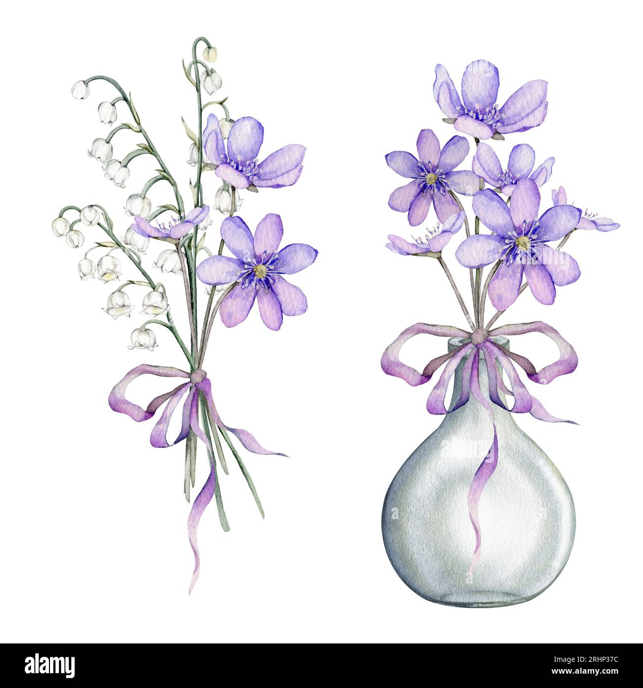 Watercolor flower arrangement with white bouquets of delicate lilies of the valley and delicate lilac Scilla. First spring flowers. Primroses, the Stock Photo