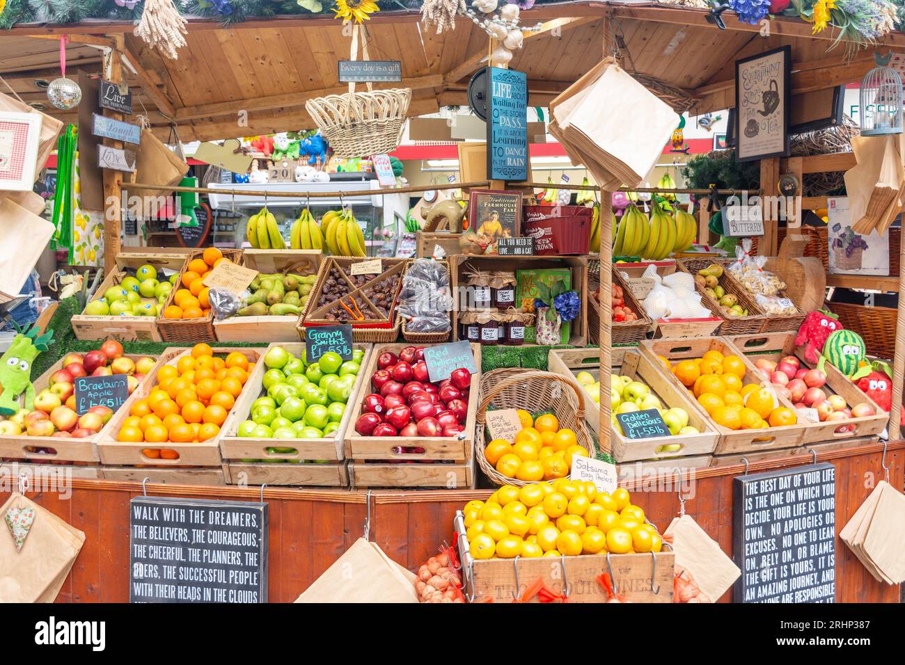 Fruit stall display inside Central Market, Halkett Place, St Helier