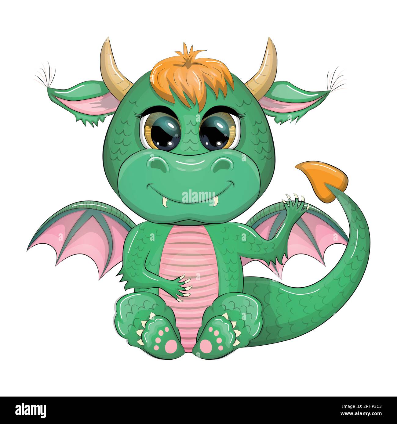 Cute cartoon green baby dragon with horns and wings. Symbol of 2024 ...