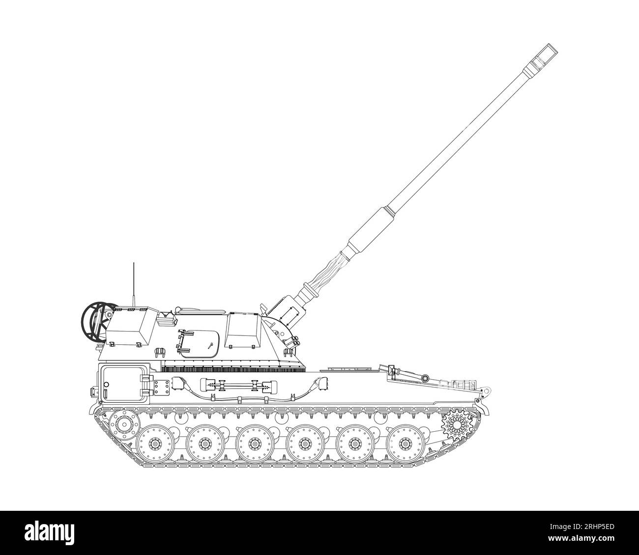 AHS Krab in line art. Self-propelled artillery. Raised barrel. Poland army. Military armored vehicle. Detailed vector illustration isolated on white background. Stock Vector