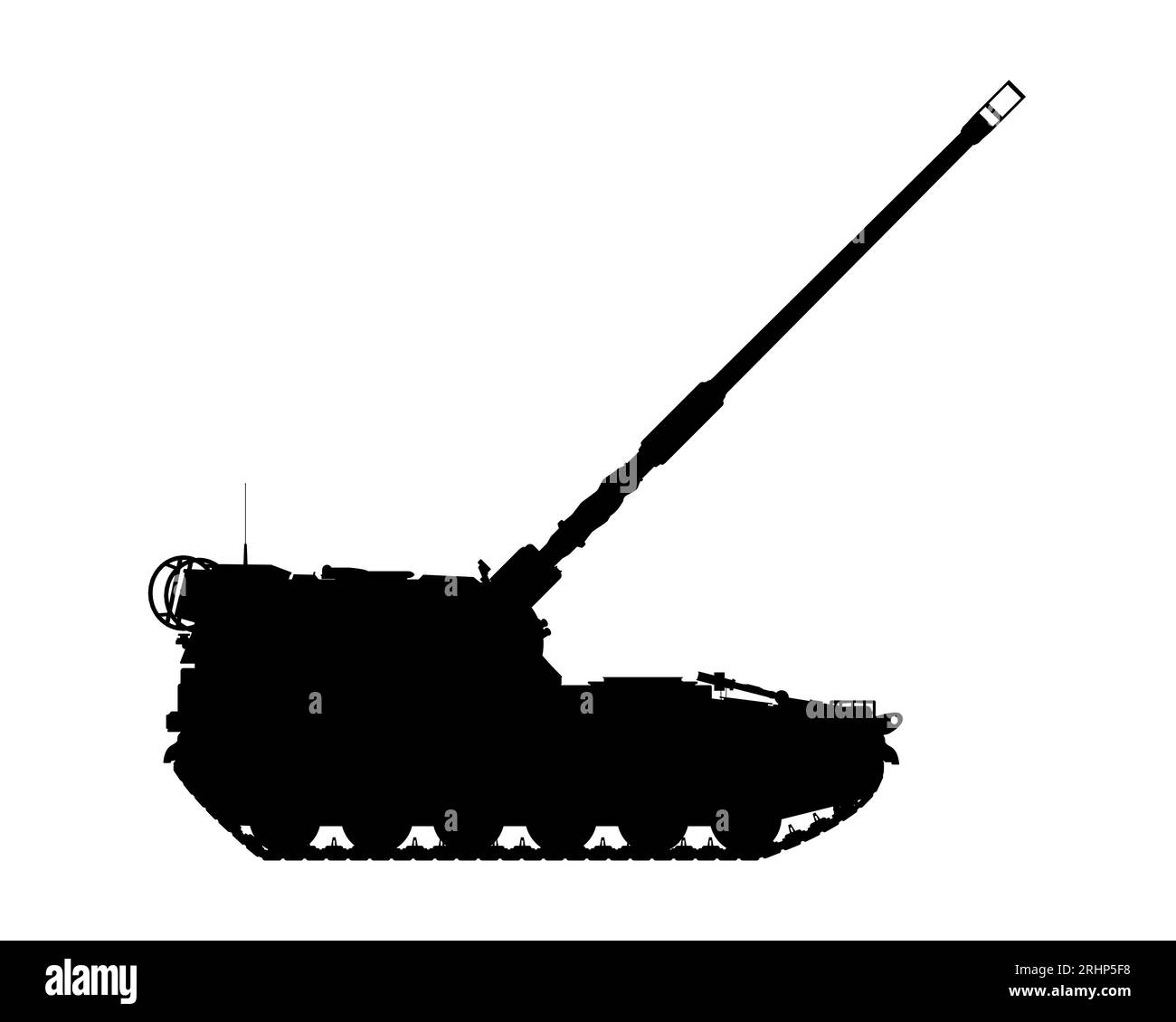 AHS Krab silhouette. Self-propelled artillery. Raised barrel. Poland army. Military armored vehicle. Detailed vector illustration isolated on white background. Stock Vector