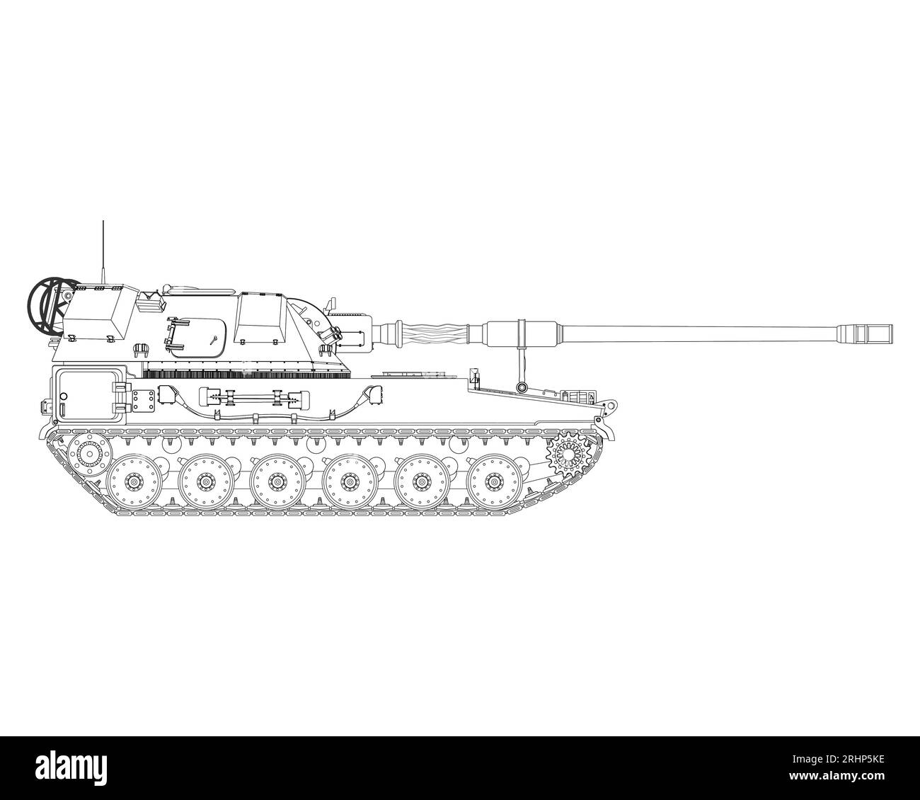 AHS Krab in line art. Self-propelled artillery. Poland army. Military armored vehicle. Detailed vector illustration isolated on white background. Stock Vector