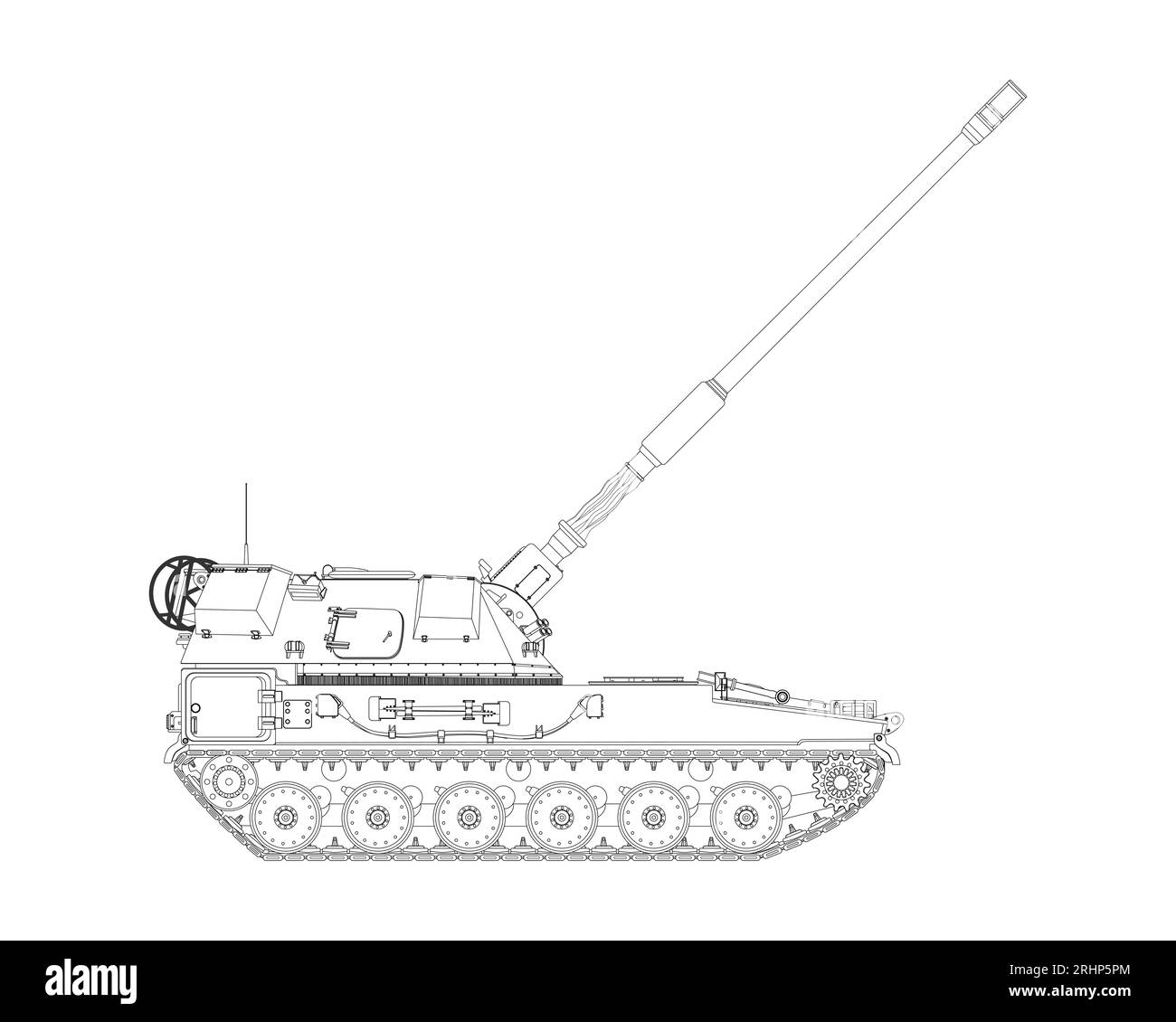 AHS Krab in line art. Selfpropelled artillery. Raised barrel. Poland
