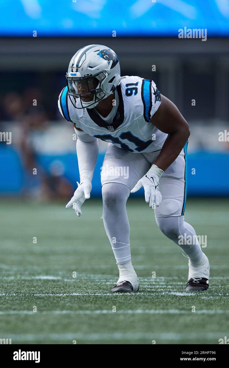 Carolina Panthers defensive end Kobe Jones (91) lines up on