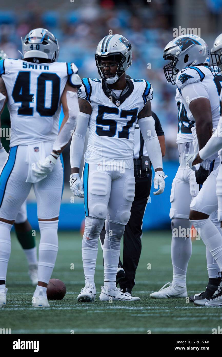 Carolina Panthers linebacker Chandler Wooten (57) on defense during an NFL  preseason football game against the New York Jets, Saturday, Aug. 12, 2023,  in Charlotte, N.C. (AP Photo/Brian Westerholt Stock Photo - Alamy