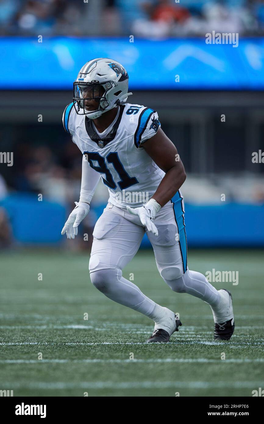 Carolina Panthers defensive end Kobe Jones (91) lines up on