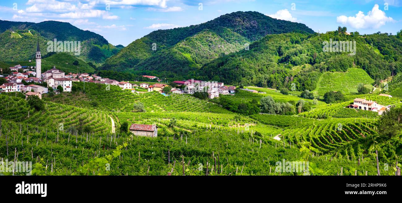 famous wine region in Treviso, Italy.  Valdobbiadene  hills and vineyards on the famous prosecco wine route and scenic villages Stock Photo