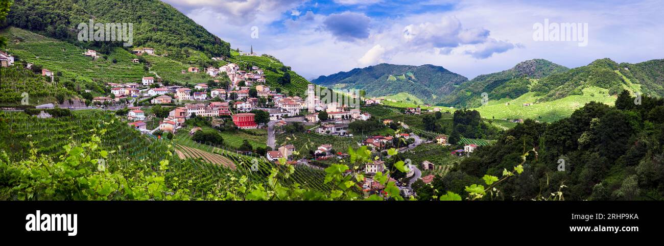 famous wine region in Treviso, Italy.  Valdobbiadene  hills and vineyards on the famous prosecco wine route Stock Photo