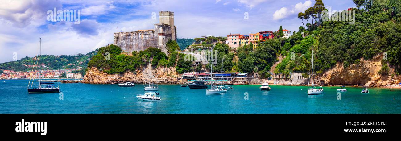 Italy, Liguria. famous golf of poets and scenic town Lerici with medieval castle and nice beaches. popular tourist summer destination Stock Photo
