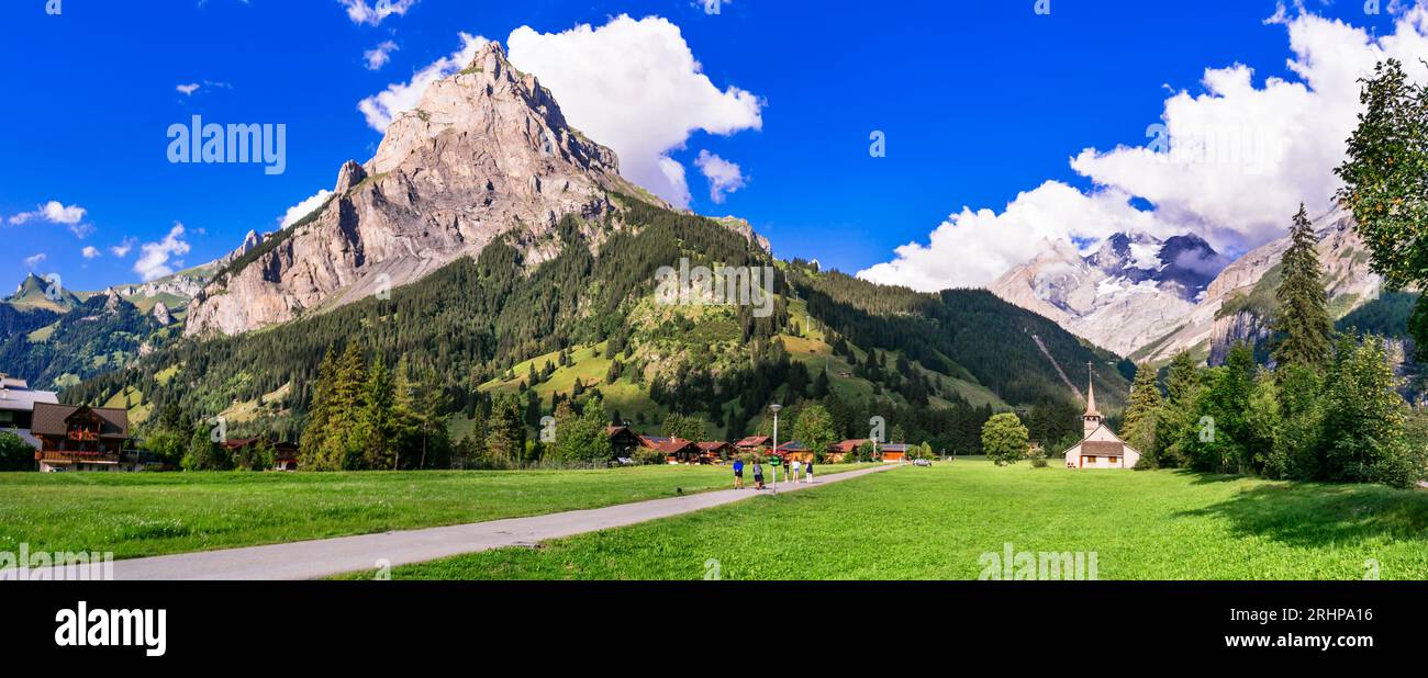 Switzerland scenic places. picturesque  Kanderseg village and ski resort surrouded by impressive Alps mountains. Canton of Bern Stock Photo