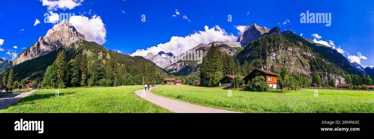 Switzerland scenic places. picturesque  Kanderseg village and ski resort surrouded by impressive Alps mountains. Canton of Bern Stock Photo