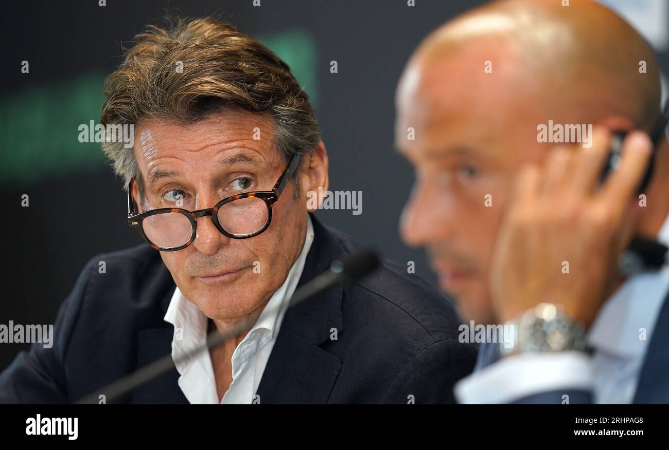 President of World Athletics Sebastian Coe (left) with Adam Schmidt, the Hungarian Government Commissioner for the World Championships, during a press conference ahead of the World Athletics Championships in Budapest, Hungary. Picture date: Friday August 18, 2023. Stock Photo
