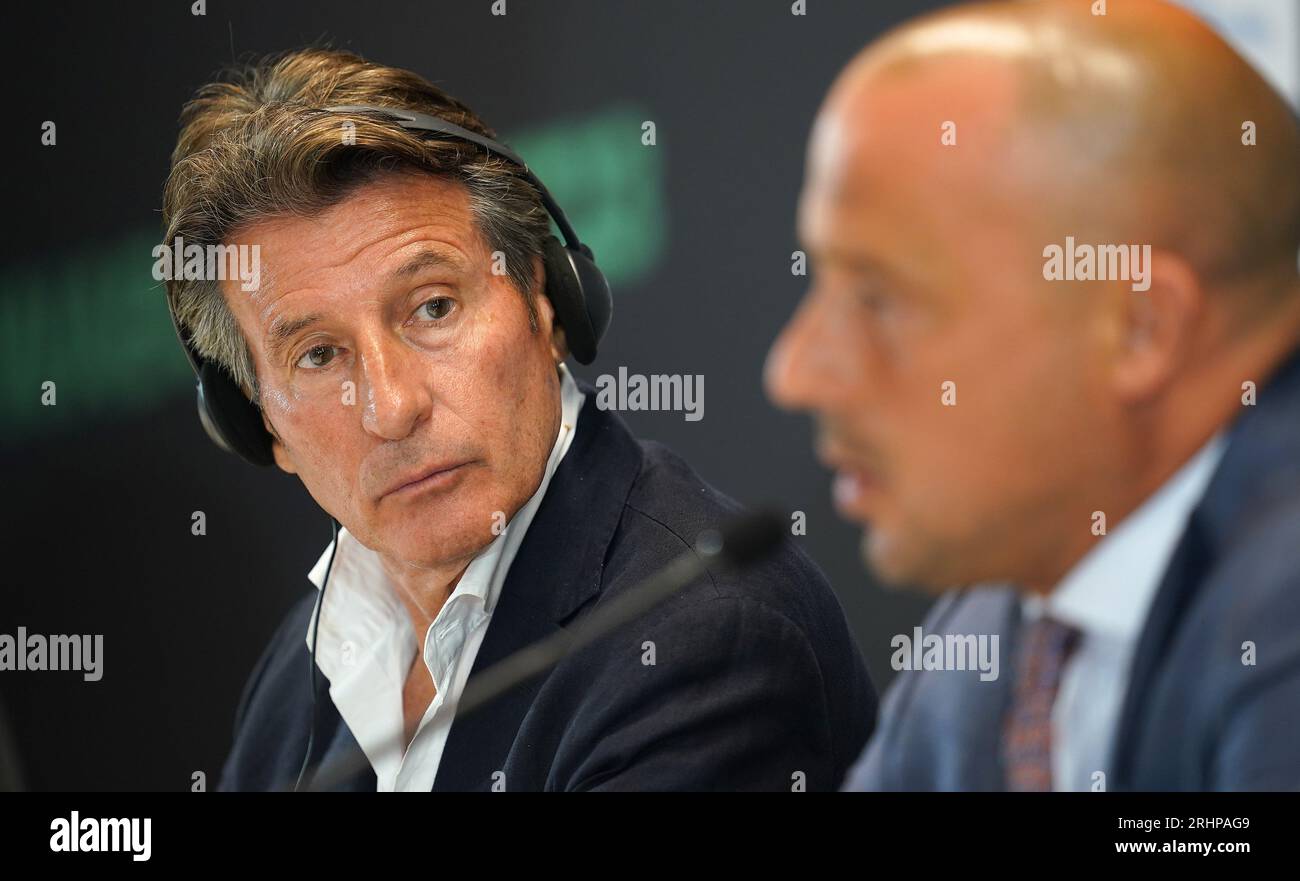 President of World Athletics Sebastian Coe (left) with Adam Schmidt, the Hungarian Government Commissioner for the World Championships, during a press conference ahead of the World Athletics Championships in Budapest, Hungary. Picture date: Friday August 18, 2023. Stock Photo