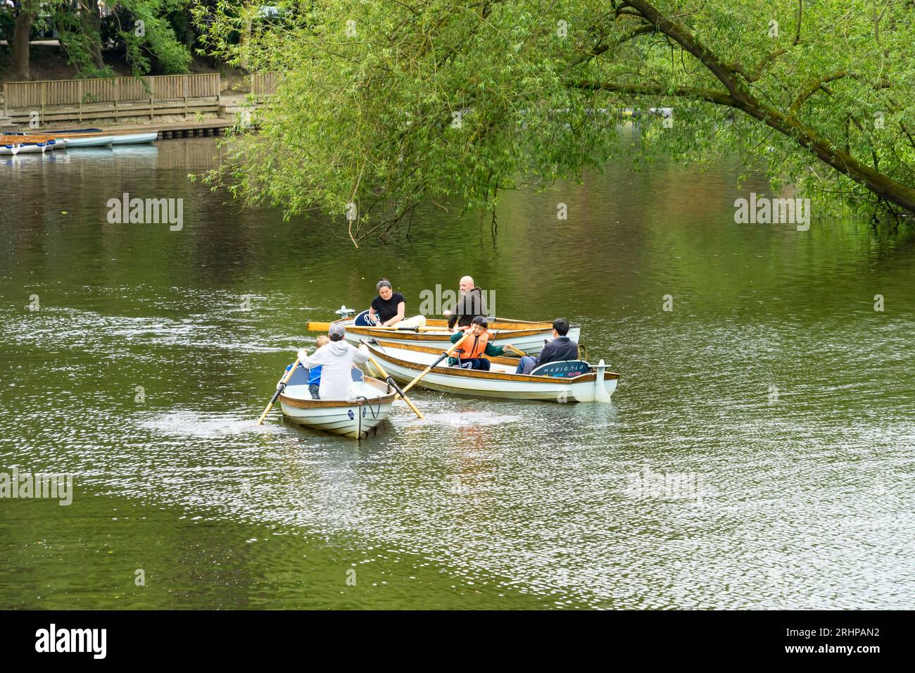 A coming together hire row boats on river Nidd, Knaresborough, North ...