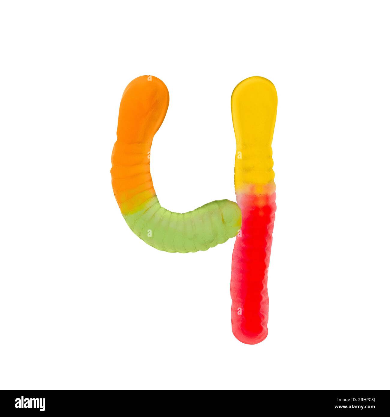 Number 4 made of gummi worms and isolated on pure white background. Food numeral concept. One number of the set of sweet food font easy to stacking Stock Photo