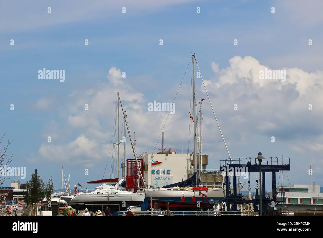 Yachts on trestles at the Real Club Náutico de la Coruña A Coruña Galicia Spain Stock Photo