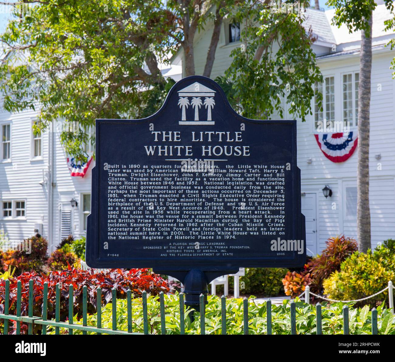 Key West, Florida, USA. Sign marking site of The Little White House, post-war home of President Harry S Truman, Old Town. Stock Photo