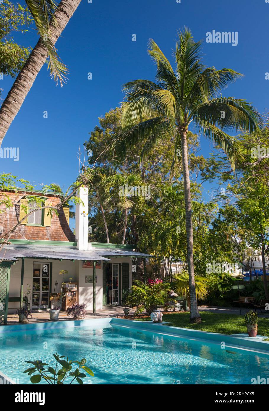 Key West, Florida, USA. View across swimming pool in grounds of the