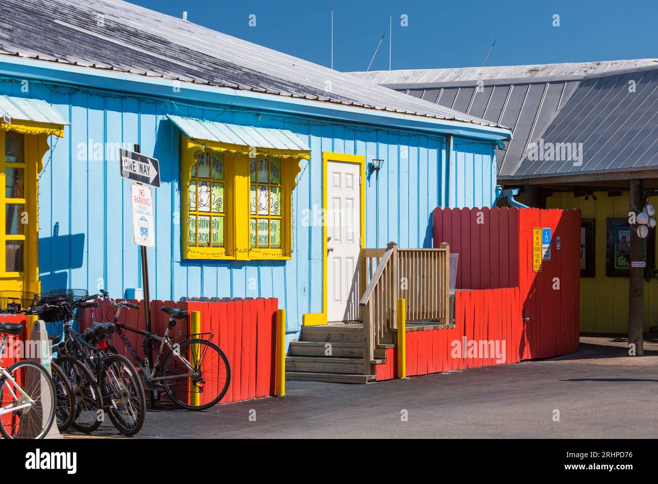 Naples, Florida, USA. The colourful architecture of Tin City, a historic waterfront shopping and dining complex on Naples Bay. Stock Photo