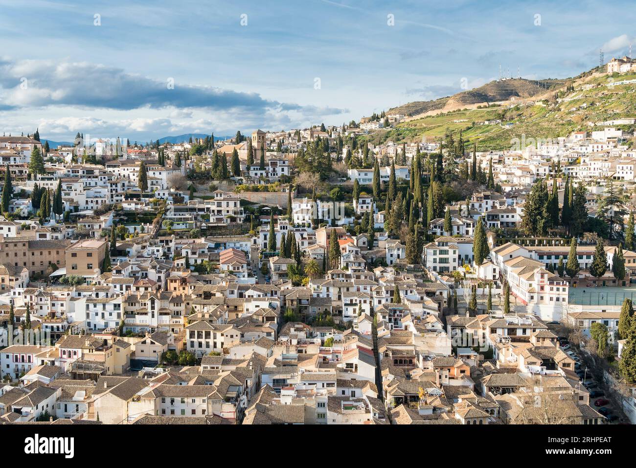 Spain, Andalusia, Granada, view from Alhambra to Albaicin and Sacromonte, evening light Stock Photo