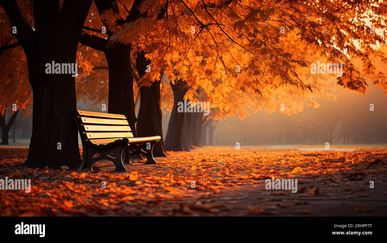 autumn season landscape in park, view of yellow trees alley background ...