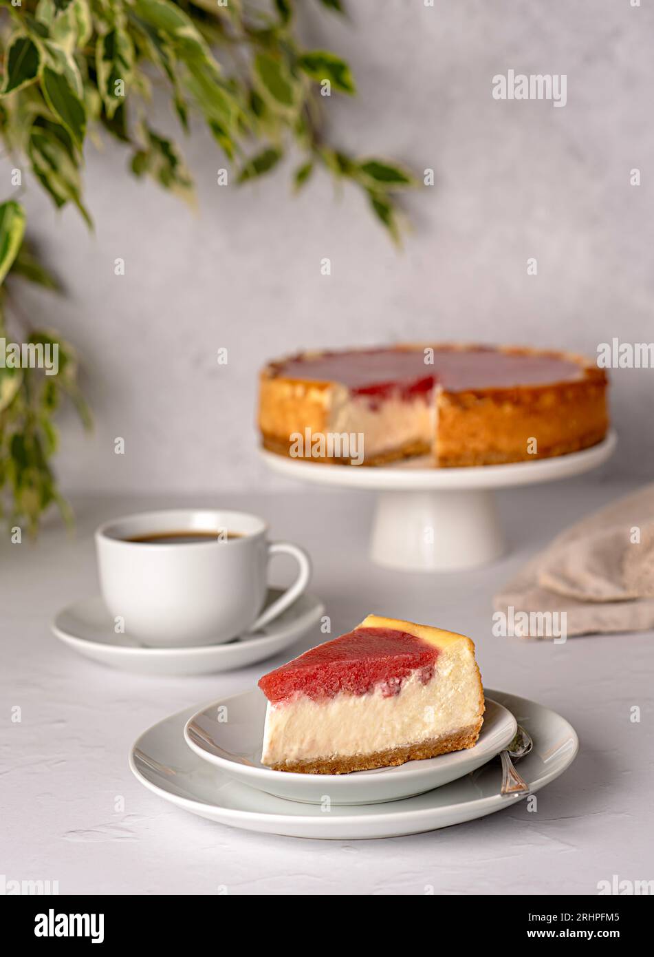 Food photography of cheesecake, cheese pie, strawberry cake, baked, tart, creamy, cream, confectionery, dessert, coffee Stock Photo