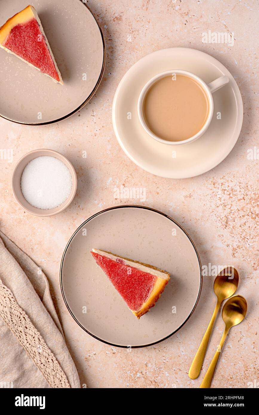 Food photography of cheesecake, cheese pie, strawberry cake, baked, tart, creamy, cream, confectionery, dessert, coffee Stock Photo