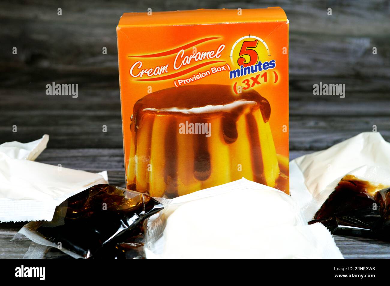 Cairo, Egypt, July 29 2023: 5 minutes cream caramel, flan, caramel pudding or custard is a custard dessert with a layer of clear caramel sauce, a vari Stock Photo