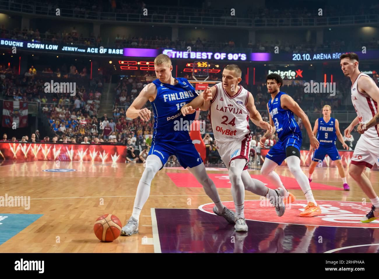 RIGA, LATVIA. 16th August 2023.  Latvia National Men's basketball team vs. Finland National Men's basketball team friendly game before FIBA BASKETBALL WORLD CUP 2023. Stock Photo