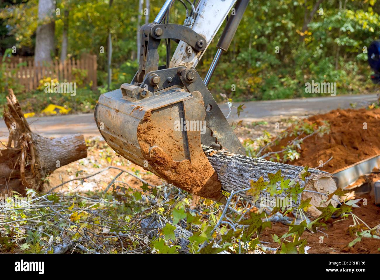 Skid steer tractor assisted root removal for land a clearing from