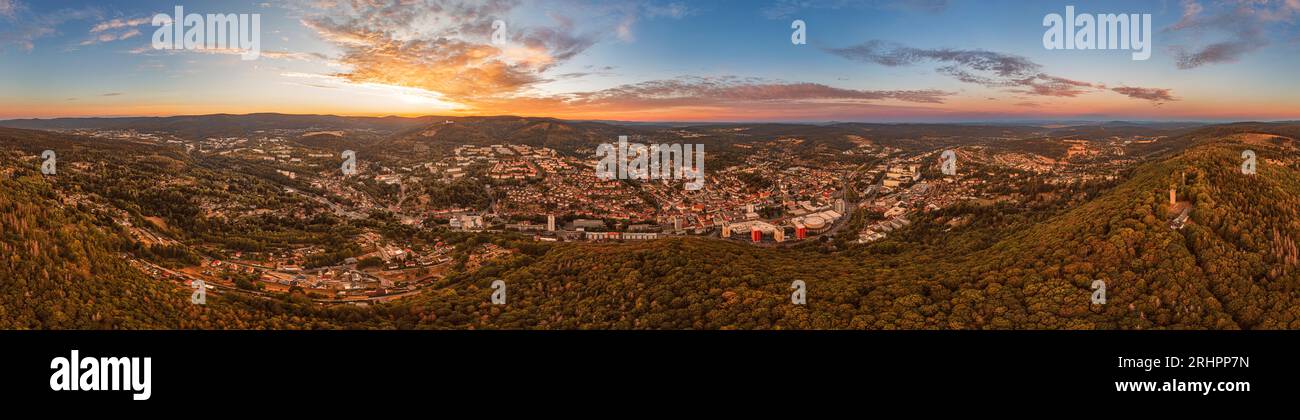 Germany, Thuringia, Suhl, Domberg tower, Dombergbaude, city in background, Congress Centrum, mountains, forest, dawn, overview, aerial view, 36ö° panorama Stock Photo