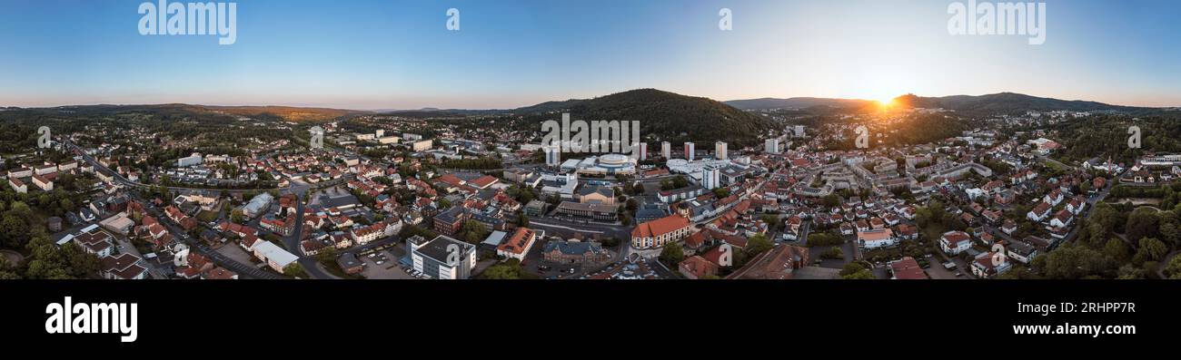 Germany, Thuringia, Suhl, Domberg tower, Dombergbaude, city in background, Congress Centrum, mountains, forest, sun, overview, aerial view, partly backlight, 36ö° panorama Stock Photo