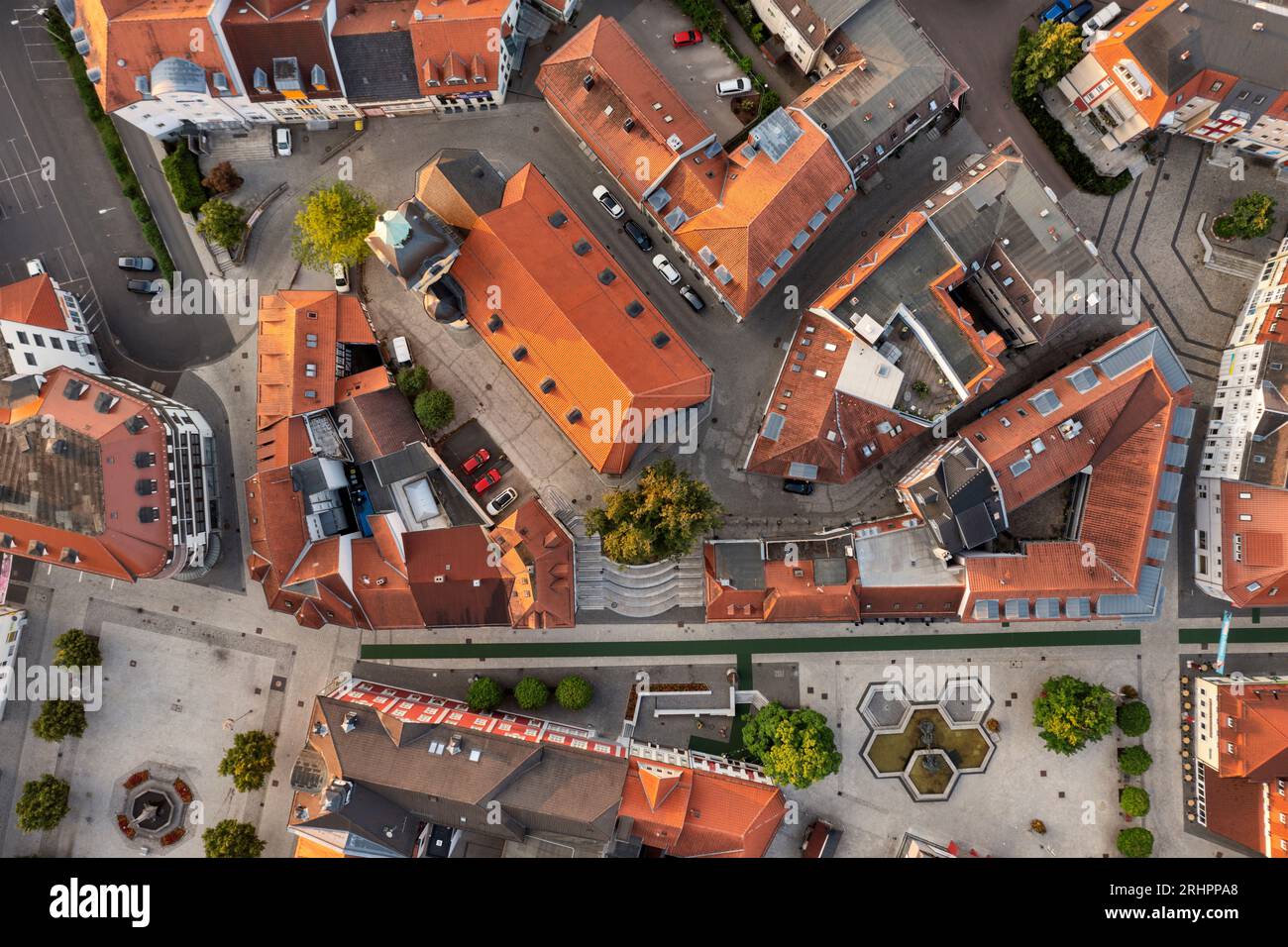 Germany, Thuringia, Suhl, city, houses, roofs, streets, church Sankt Marien, old city hall, morning light, overview, top view, aerial view Stock Photo