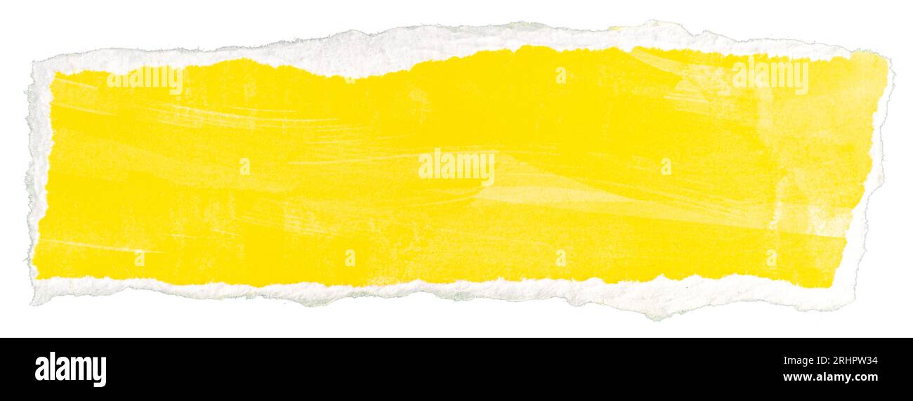 Ripped yellow paper note message isolated on white background Stock Photo