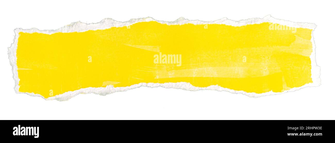 Ripped yellow paper note message isolated on white background Stock Photo