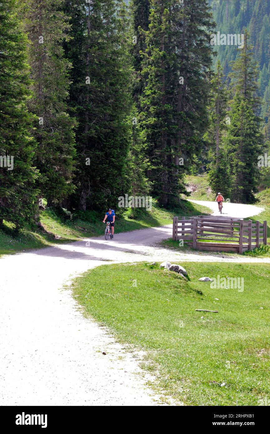 Bike tour with the mountain bike, eBike at the Igelsee in the Gaistal near Ehrwald. Austria, Tyrol Stock Photo