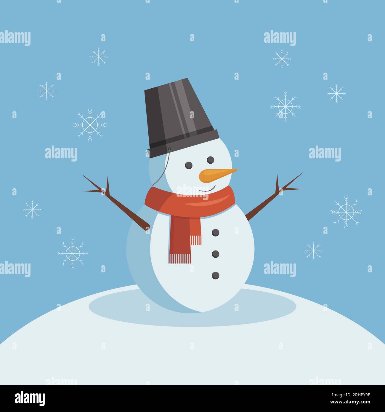 Snowman with a bucket on his head and a red scarf. Vector illustration ...