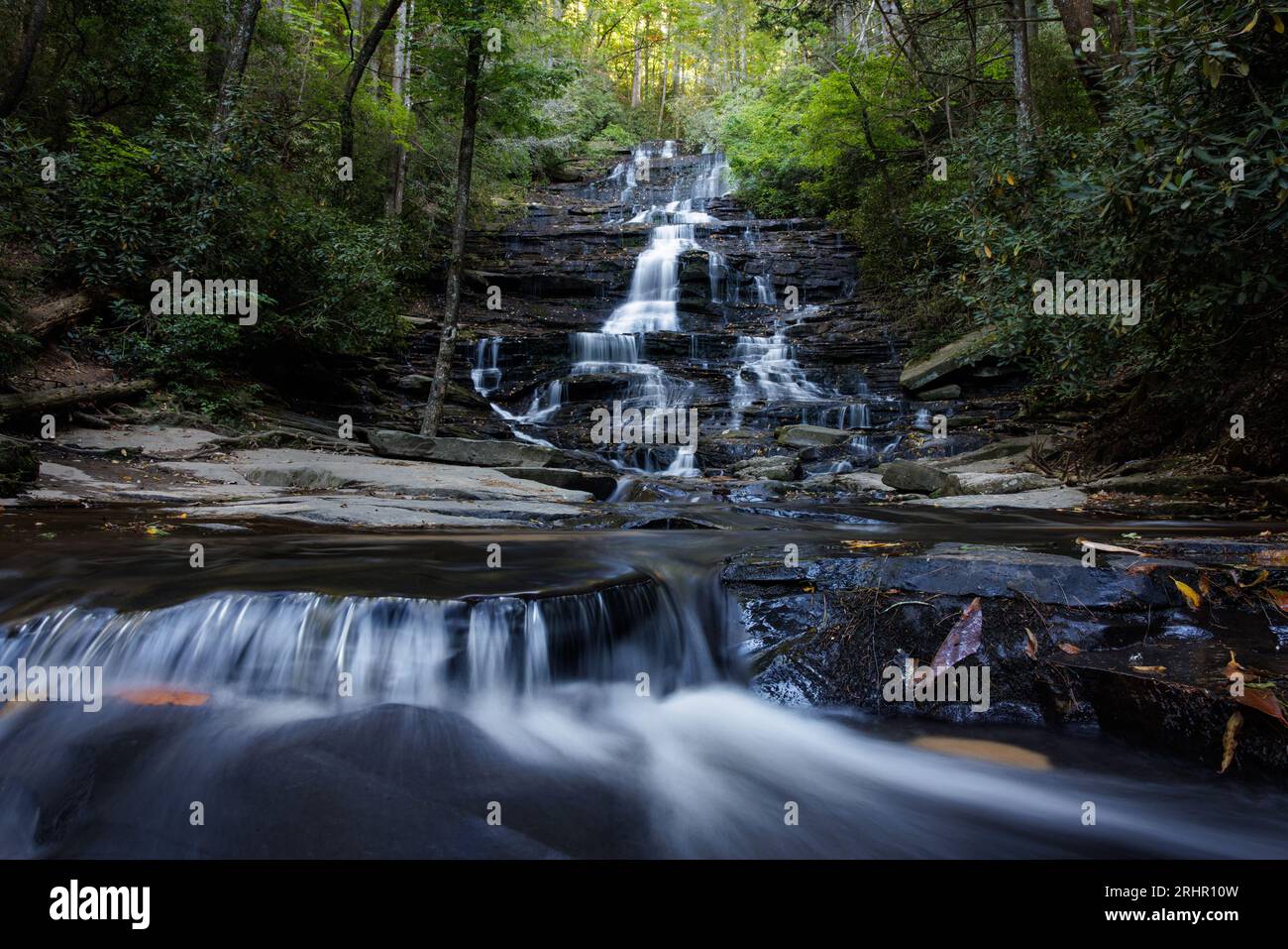 Sprinkled autumn leaves decorate the mountain side along Falls Branch at Minnehaha Falls. Stock Photo