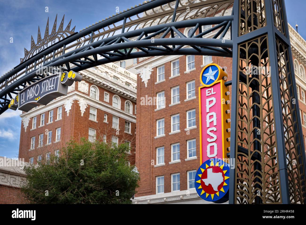 A gate and sign over El Paso Street in the downtown area of El Paso