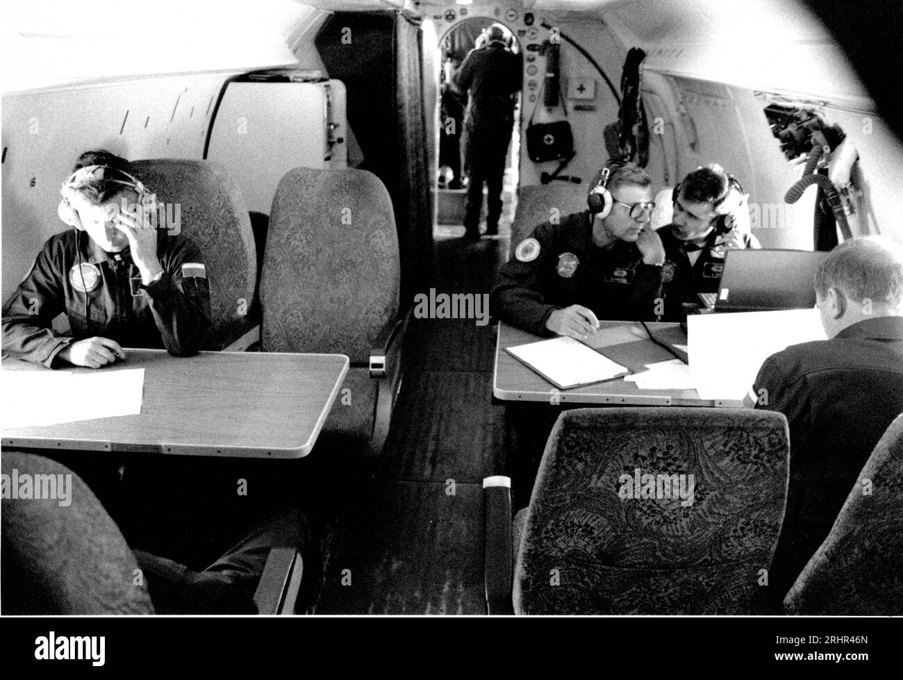 Unique pictures on a Russian military intelligence flight over the UK, under the Open Skies Treaty. April 1999, aboard an Antonov 30B aircraft. Russian crew, one UK journalist allowed aboard. Took off from RAF Brize Norton, Oxfordshire. Four hours in the air. The Russians flew over, photographed and mapped military, intel and civil sites across England, from USAF and RAF bases in East Anglia, the GCHQ intel gathering HQ in Cheltenham, power stations, transport hubs, naval bases at Portland and Portsmouth. Putin withdrew Russia from the Open Skies Treaty in 2021. Pic: Russian Air Force officers Stock Photo