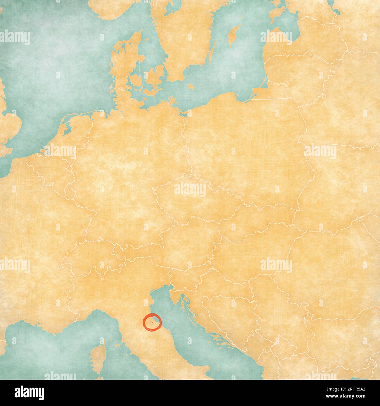 San Marino on the map of Central Europe in soft grunge and vintage ...