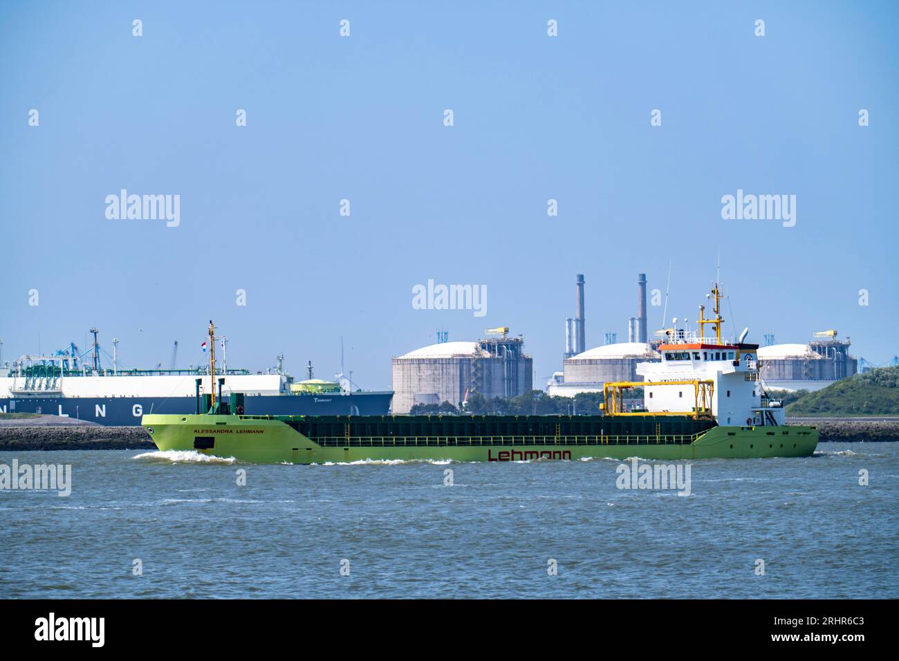 LNG import terminal Tanks for liquid natural gas in the seaport of Rotterdam, freighter Alessandra Lehmann, Maasvlakte, Rotterdam Netherlands, Stock Photo