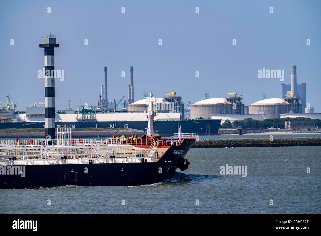 LNG import terminal tanks for liquid natural gas in the seaport of Rotterdam, chemical tanker, freighter, the Greek-flagged LNG liquefied natural gas Stock Photo
