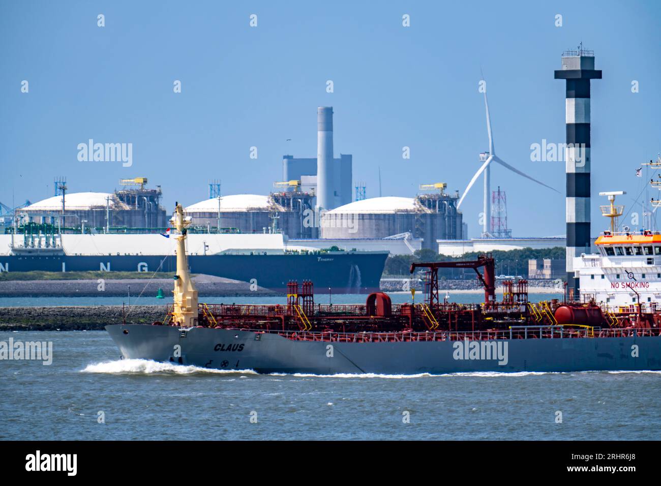 LNG import terminal tanks for liquid natural gas in the seaport of Rotterdam, chemical tanker, freighter, the Greek-flagged LNG liquefied natural gas Stock Photo