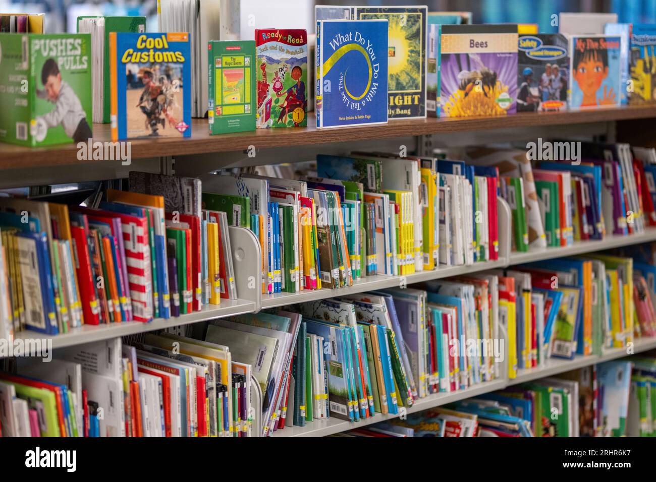 Books sit on shelves in an elementary school library in suburban ...