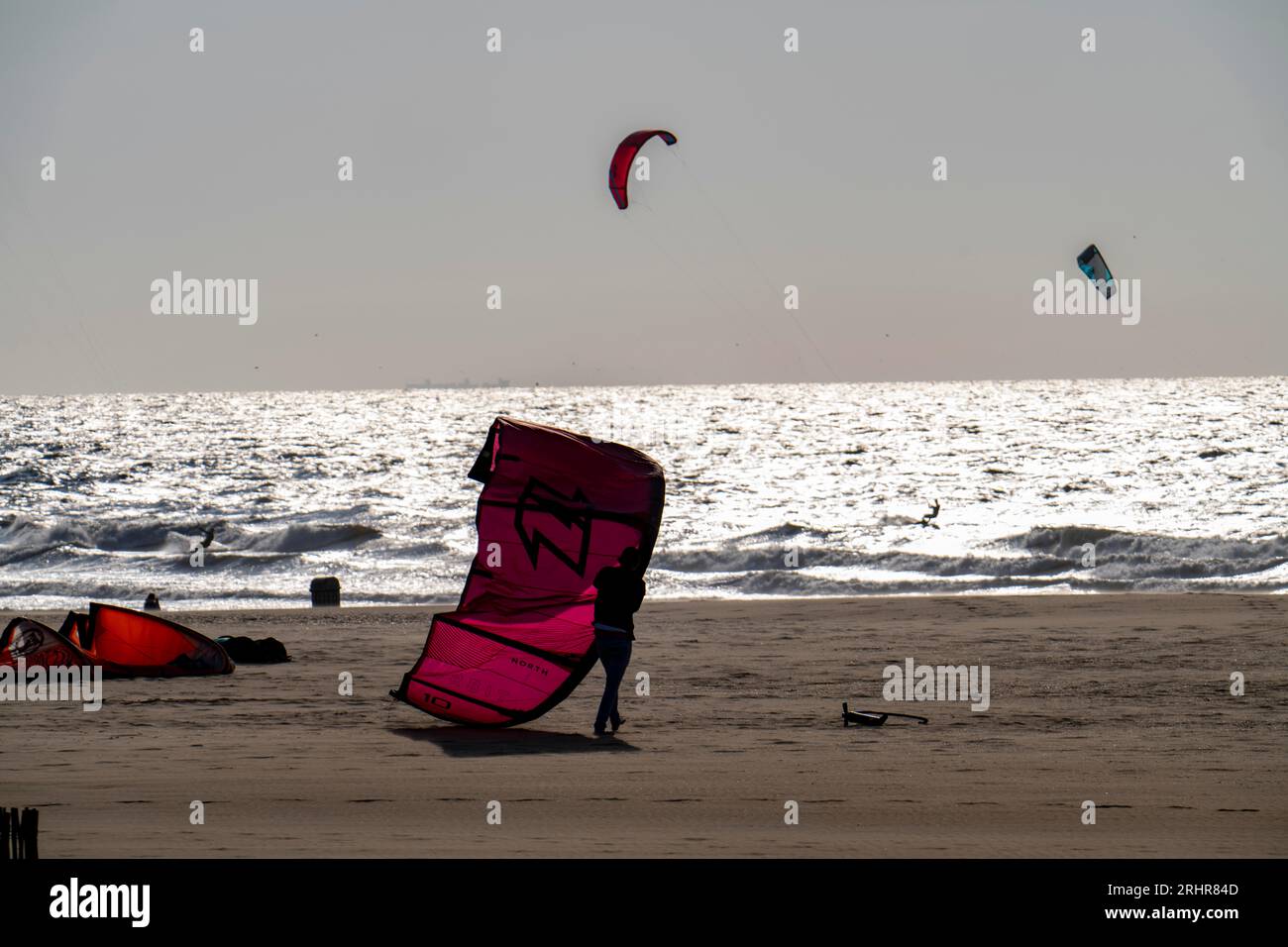 Kitesurfers off the coast of Scheveningen, walkers on the beach, The Hague, Netherlands Stock Photo